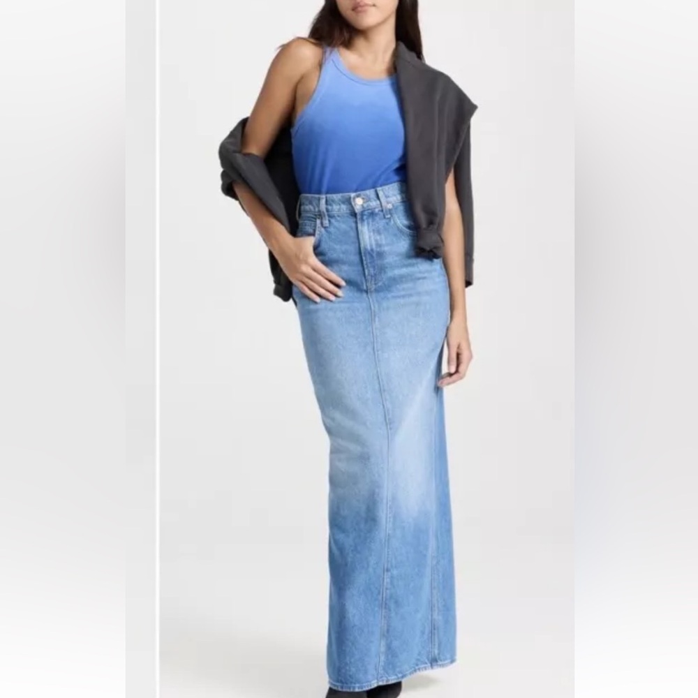 Free People Mother Snacks Candy Stick Maxi Denim Skirt Back Slit Blue Wash
